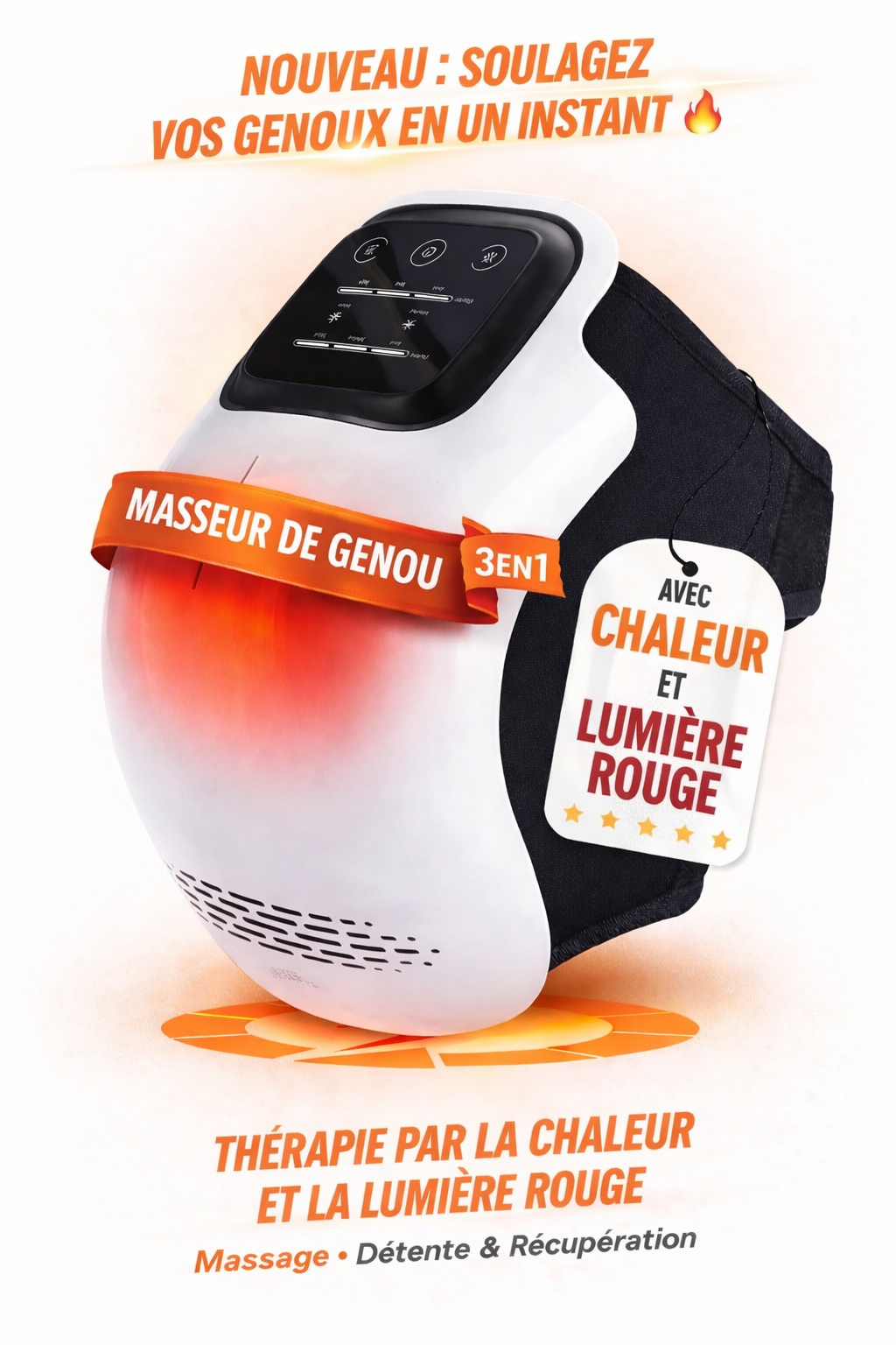 Soulagement intelligent des douleurs du genou par chaleur ciblée, lumière rouge et vibrations profondes