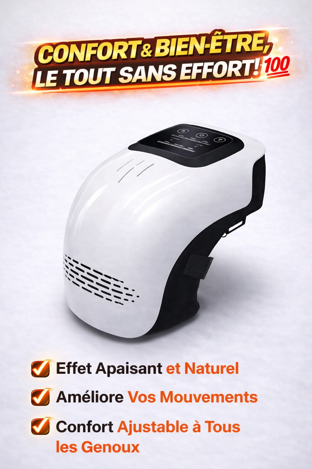 Soulagement intelligent des douleurs du genou par chaleur ciblée, lumière rouge et vibrations profondes