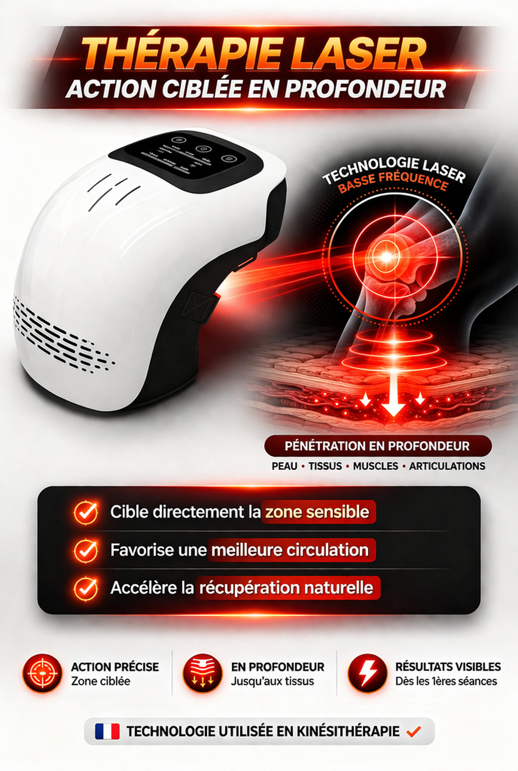 Soulagement intelligent des douleurs du genou par chaleur ciblée, lumière rouge et vibrations profondes