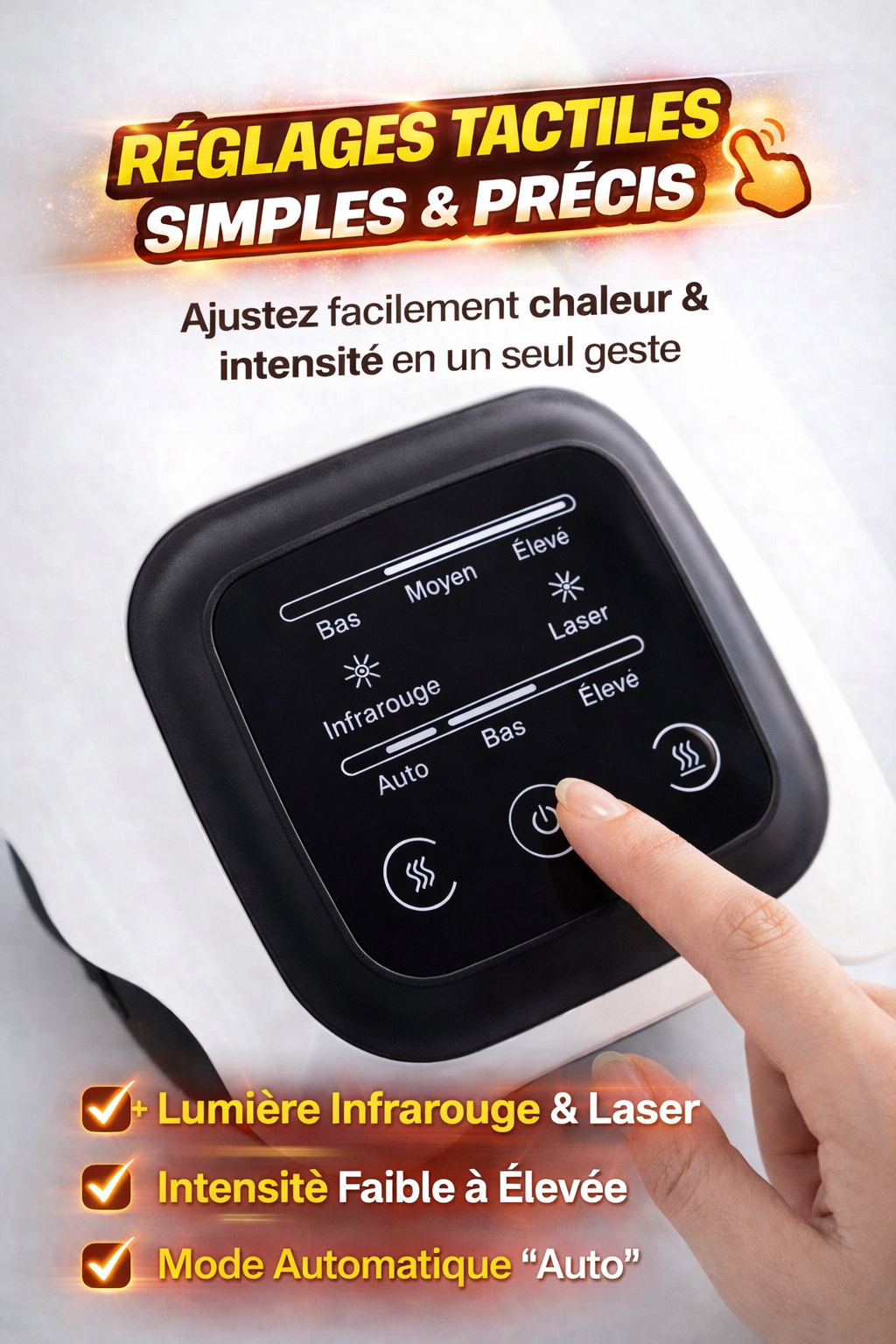 Soulagement intelligent des douleurs du genou par chaleur ciblée, lumière rouge et vibrations profondes