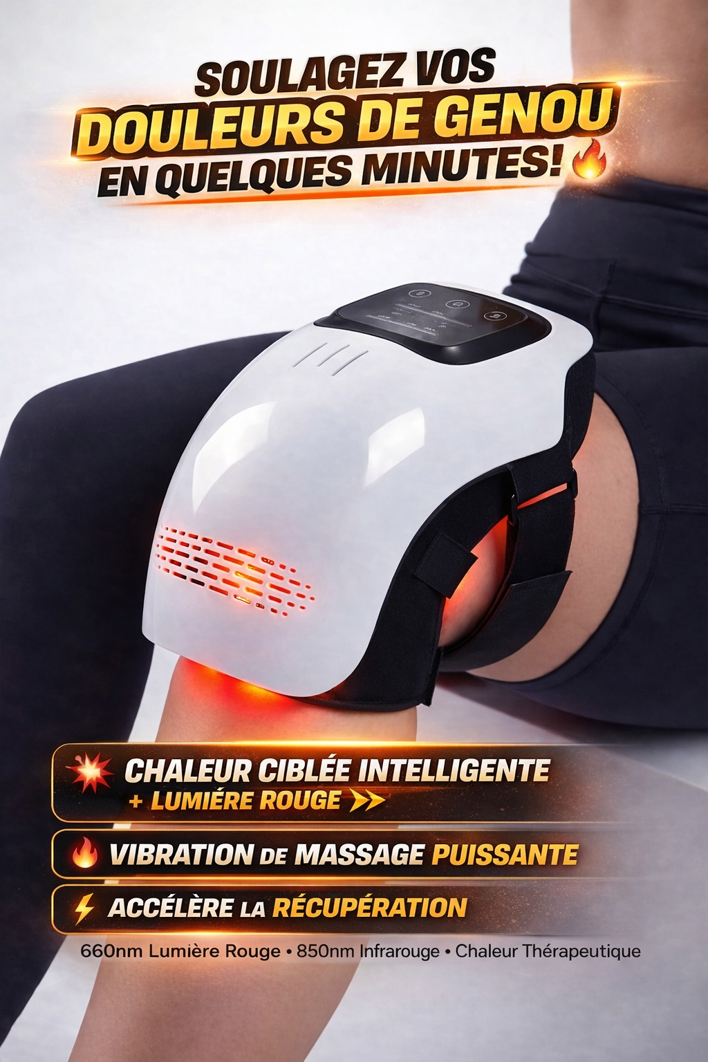 Soulagement intelligent des douleurs du genou par chaleur ciblée, lumière rouge et vibrations profondes